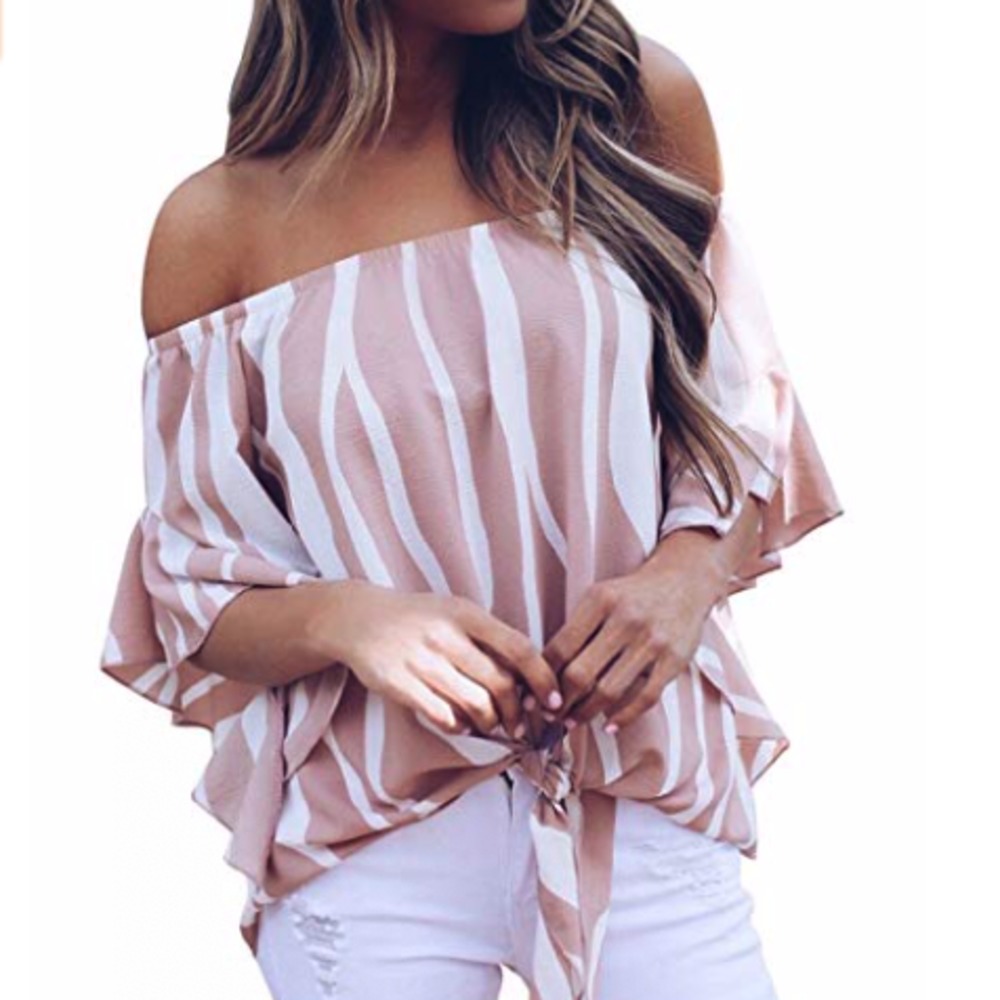 Striped Off Shoulder Bell Sleeve Shirt Tie Knot